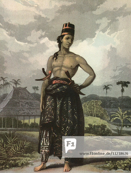Ein Javaner in Hofkleidung  nach einer Aquatinta aus Sir Thomas Stamford Raffles History of Java  1807. Aus British Merchant Adventurers  veröffentlicht 1942.
