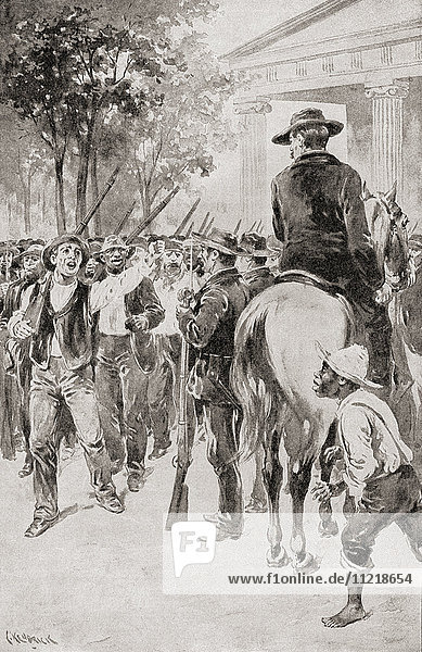 Eine Bürgerkriegsszene in Little Rock  Arkansas  Vereinigte Staaten von Amerika. Freiwillige Soldaten jubeln ihren Offizieren zu  während sie durch die Straßen der Stadt marschieren. Aus The History of our Country  veröffentlicht im Jahr 1900.
