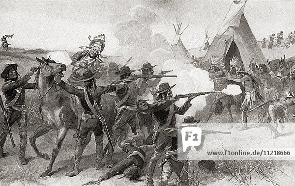 'The death of Sitting Bull  shot and killed by Bull Head member of the Indian agency police  on the Standing Rock Indian Reservation  Dakota  United States of America during an attempt to arrest him. Sitting Bull  aka Hú?kešni or ''Slow''  c. 1831 – 1890. Hunkpapa Lakota holy man who led his people as a tribal chief during years of resistance to United States government policies. From The History of Our Country  published 1900'