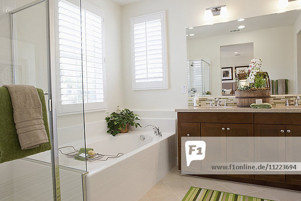 Modernes Badezimmer mit Badewanne und Schränken zu Hause