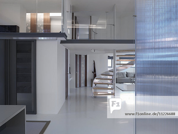 Interior of modern home with winding staircase
