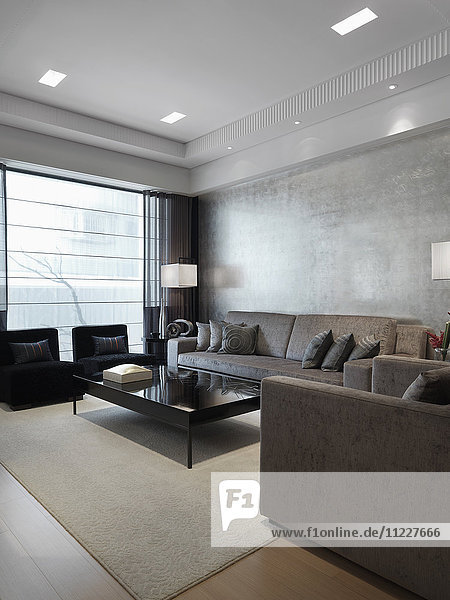 Modernes Wohnzimmer mit grauen Möbeln