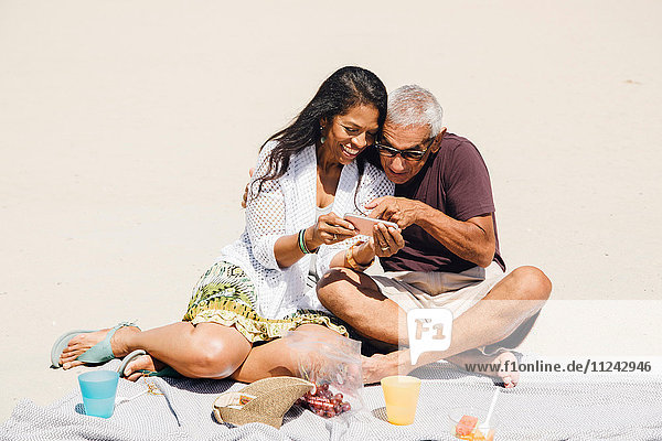 Senior couple sitting having picnic on beach  looking at smartphone  Long Beach  California  USA