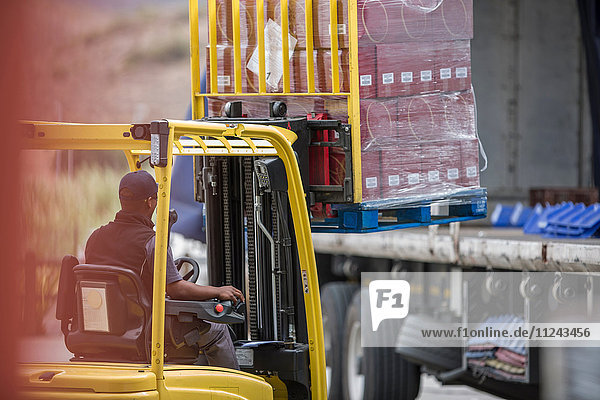 Gabelstaplerfahrer lädt Palette in Verpackungsfabrik auf Lkw