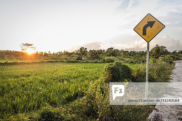 Gelber Pfeil und grüne Feldlandschaft bei Sonnenuntergang  Lombok  Indonesien