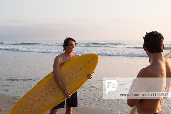Two young men on beach  holding surfboards