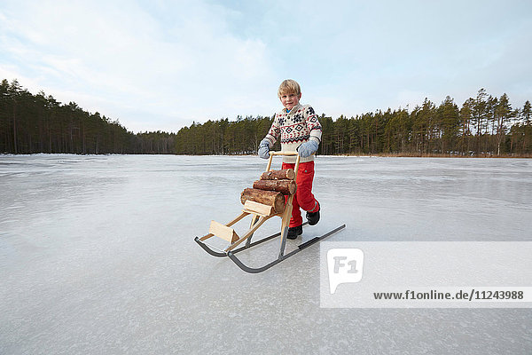 Junge schiebt Baumstämme weiter und tritt über gefrorenen See  Gavle  Schweden
