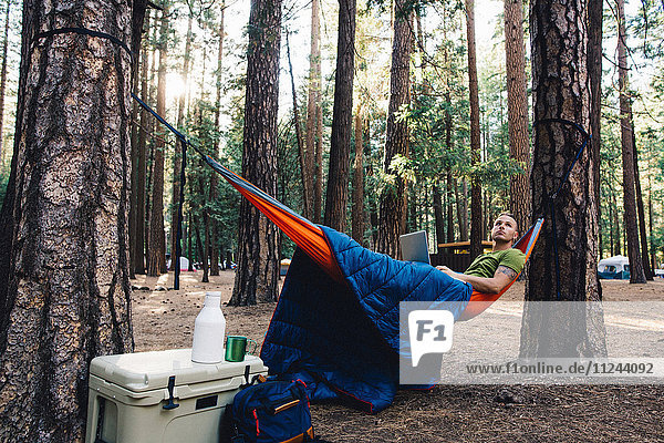 Wanderer in Hängematte mit Laptop  Yosemite  Kalifornien  USA