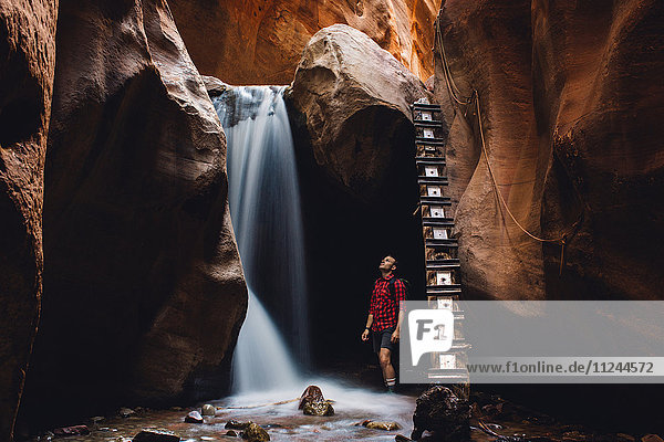 Male hiker looking up at waterfall in cave  Zion National Park  Utah  USA