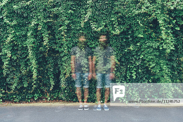 Doppelbelichtungsporträt von transparenten eineiigen männlichen Zwillingen und grünem Laub
