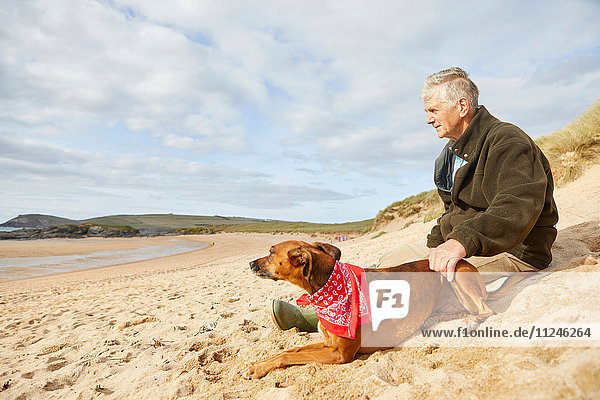 Man and dog sitting on beach  Constantine Bay  Cornwall  UK
