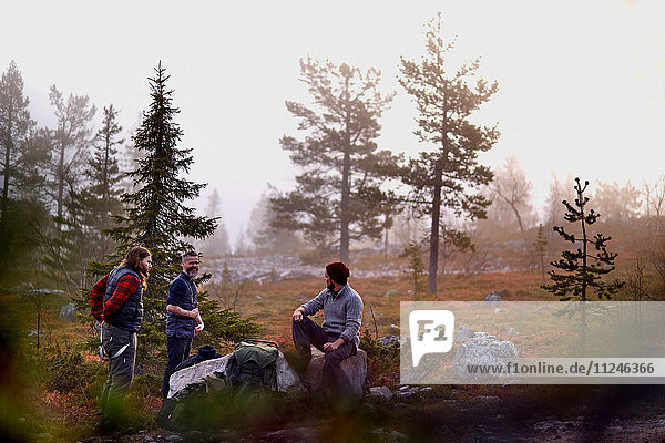 Wanderer entspannen im Park  Sarkitunturi  Lappland  Finnland
