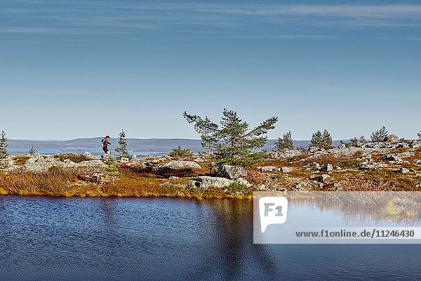 Am Ufer des Sees laufender Mann  Sarkitunturi  Lappland  Finnland