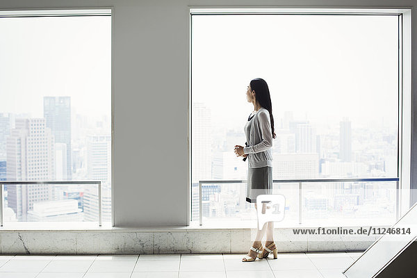 A business woman in a dress by a window with a view over a city
