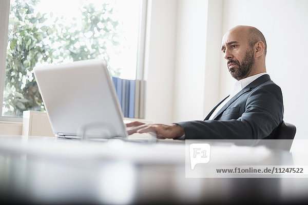 Concentrated businessman working with laptop at desk in office
