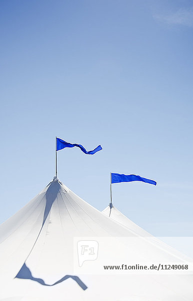 White tents with blue flags at county fair