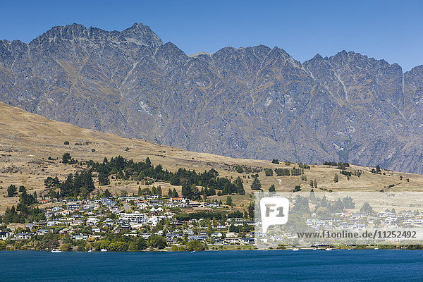 New Zealand South Island Otago Queenstown town view with The Remarkables Mountains