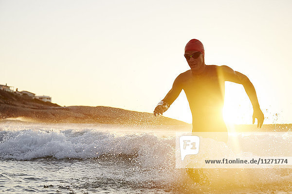 Triathletenschwimmer im Neoprenanzug  der aus dem sonnigen Meer läuft