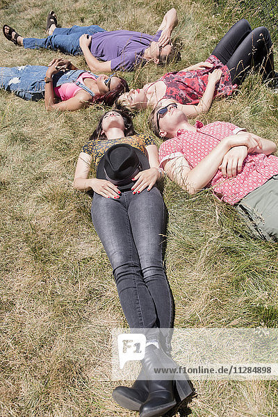 Friends relaxing in sunny grass field