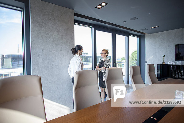 Two businesswomen talking in board room