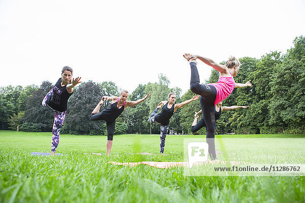 Group of young women practicing yoga in park
