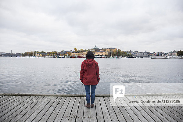 Sweden  Stockholm  back view of woman standing on pier looking at the city