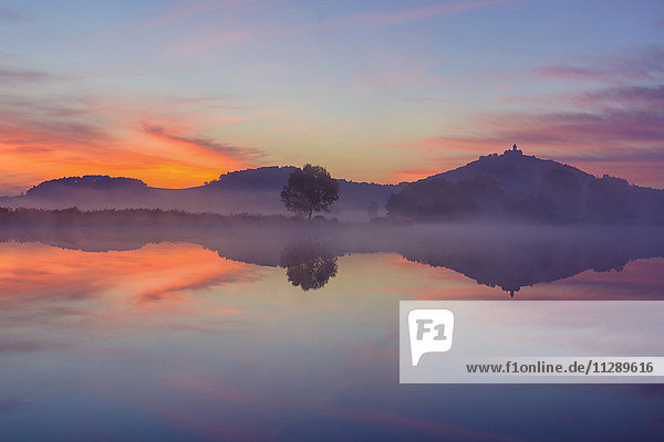 Landschaft in der Morgendämmerung mit der Wachsenburg  die sich im See spiegelt  Drei Gleichen  Ilm-Kreis  Thüringen  Deutschland