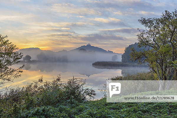 Landscape at Sunrise with Wachsenburg Castle and Lake in Morning Mist  Drei Gleichen  Ilm District  Thuringia  Germany