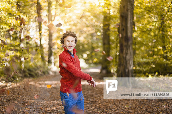 Lächelnder Junge  der im Herbstwald Blätter in die Luft wirft.