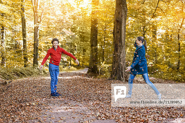 Mutter und Sohn werfen mit Herbstblättern in den Wald