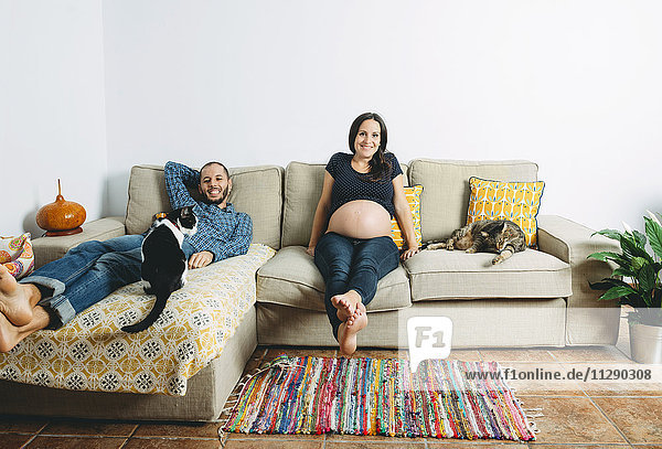 Happy couple expecting a baby sitting on couch at home with two cats