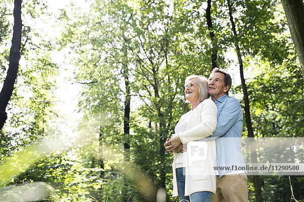 Happy senior couple relaxing together in the woods