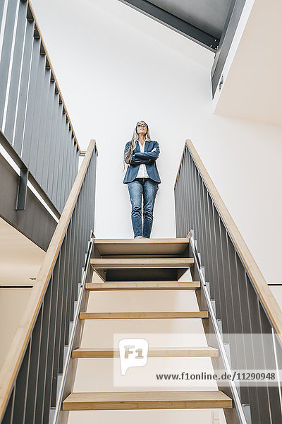 Confident businesswoman with long grey hair standing on top of stairs