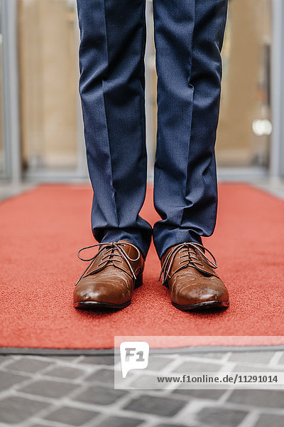 Businessman standing on red carpet  partial view