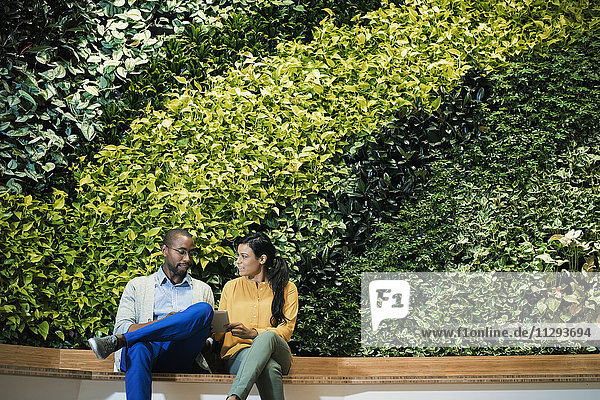 Geschäftsmann und Frau sitzen vor einer grünen Pflanzenwand  mit Hilfe eines digitalen Tabletts.