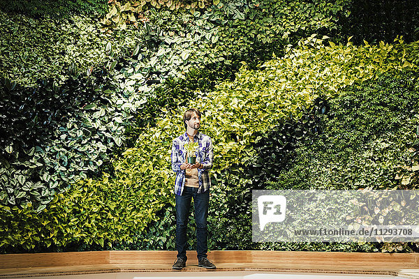 Junger Mann vor grüner Pflanzenwand stehend  Topfpflanze haltend