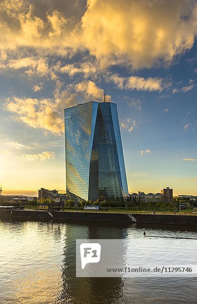 Europäische Zentralbank bei Abendlicht  mit Skyline  Frankfurt am Main  Hessen  Deutschland  Europa