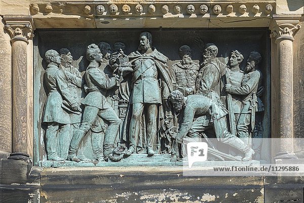 Monument  memorial  relief showing handover of the imperial crown to Wilhelm I  Magdeburg  Saxony-Anhalt  Germany  Europe