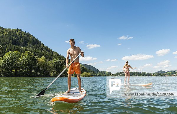 Junger Mann und junge Frau auf einem Stehpaddel Board Stand-Up-Paddel oder SUP auf einem See Schliersee Oberbayern Bayern Deutschland Europa