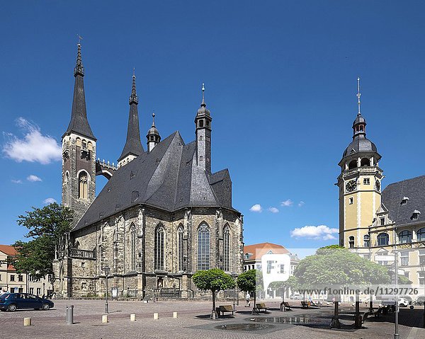 Die Kirche St. Jakob  Marktplatz  rechts das Rathaus  Bachstadt Köthen  Sachsen-Anhalt  Deutschland  Europa