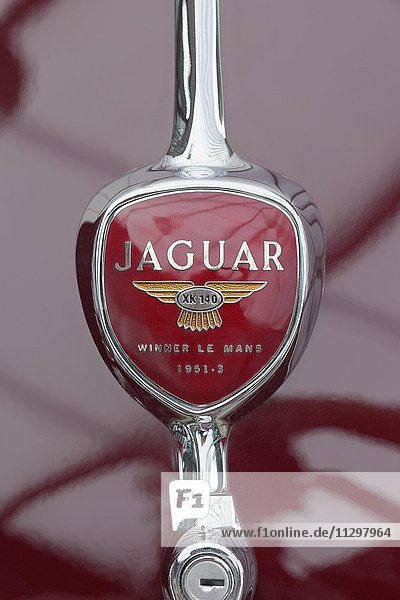 Emblem on Jaguar XK140  built in 1952  Winner Le Mans  British classic sports car