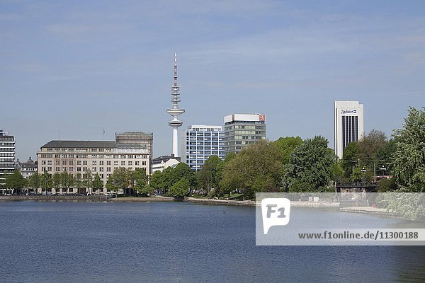 Inner Alster Lake with television tower and Radisson Blu Hotel  Hamburg  Germany  Europe