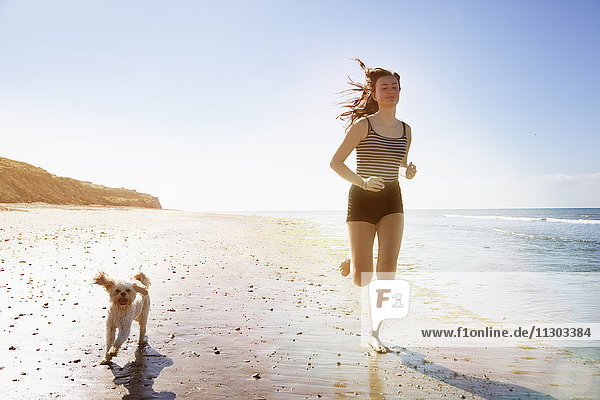 Junge Frau und Hund beim Laufen am sonnigen Strand