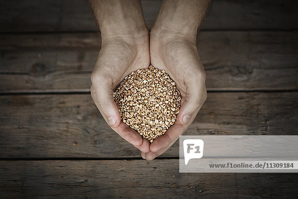 Oat flakes in mans hands, close-up