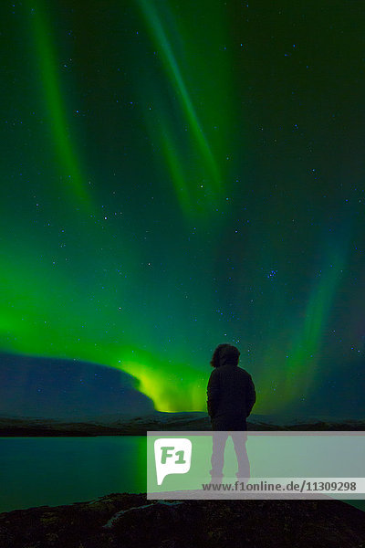 Silhouette of person looking at aurora borealis