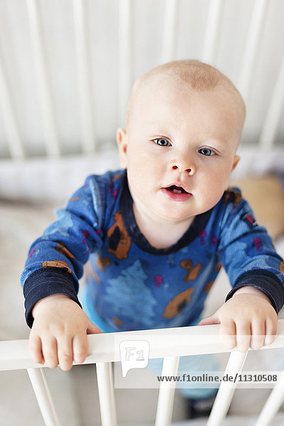 Portrait of baby boy in cot