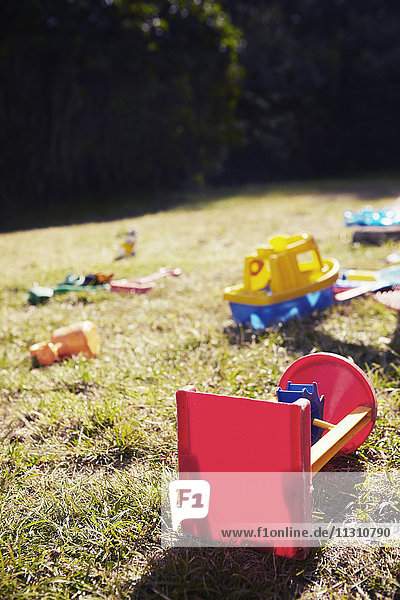 Toys lying in grass