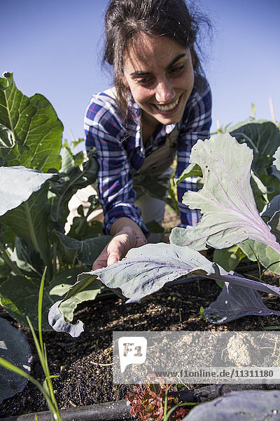 Woman working on farm tending to vegetables