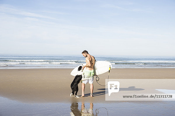 Mann mit Hund und Surfbrett am Strand