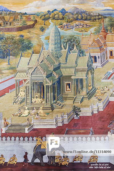 Thailand Bangkok Grand Palace Wat Phra Kaeo The Galleries Wall Paintings Depicting Scenes from the Ramakien